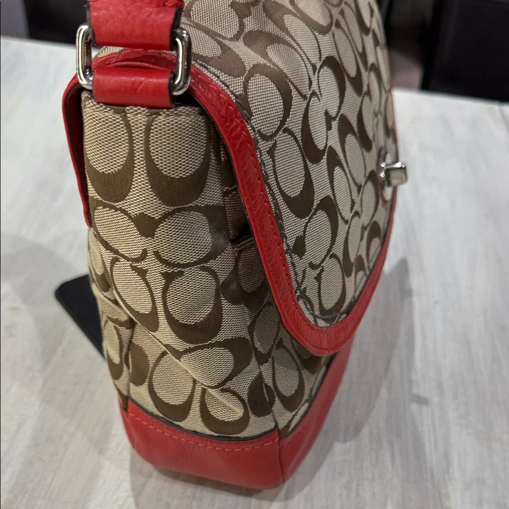 Coach Coral Red and Tan Signature Shoulder Bag